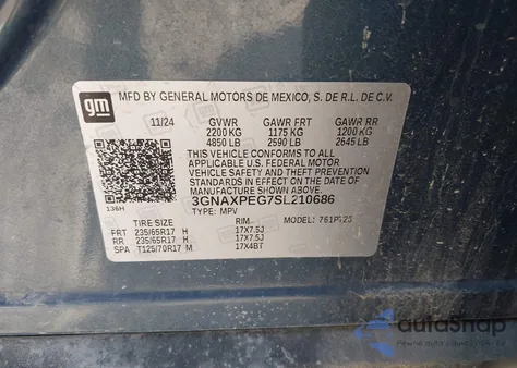 2025 Chevrolet Equinox Awd Lt z USA, uszkodzony, nr VIN 3GNAXPEG7SL210686